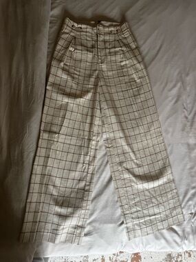 Anthropologie Cream Plaid Wide-Leg Chinos